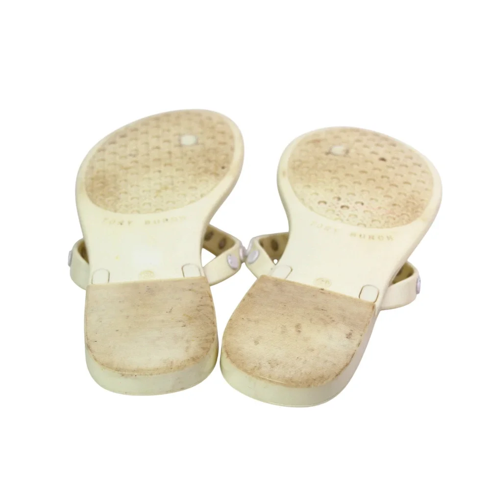 Tory Burch OF WHITE PVC FLAT BEACH SHOES FLIP FLOPS TONG SANDALS Sz 8